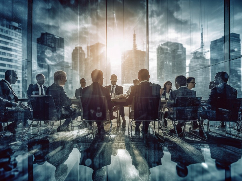 double-exposure-photograph-business-conference-with-gathering-people-backdrop-city-office-building-background-generative-ai