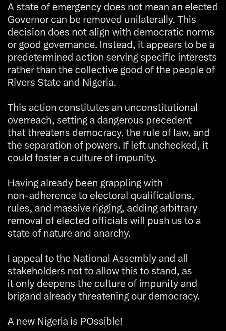 Peter Obi''s comment on X